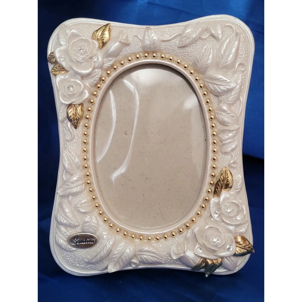 Ceramic Picture Frame Santini Roses & Rhinestones Design with Gold Accents